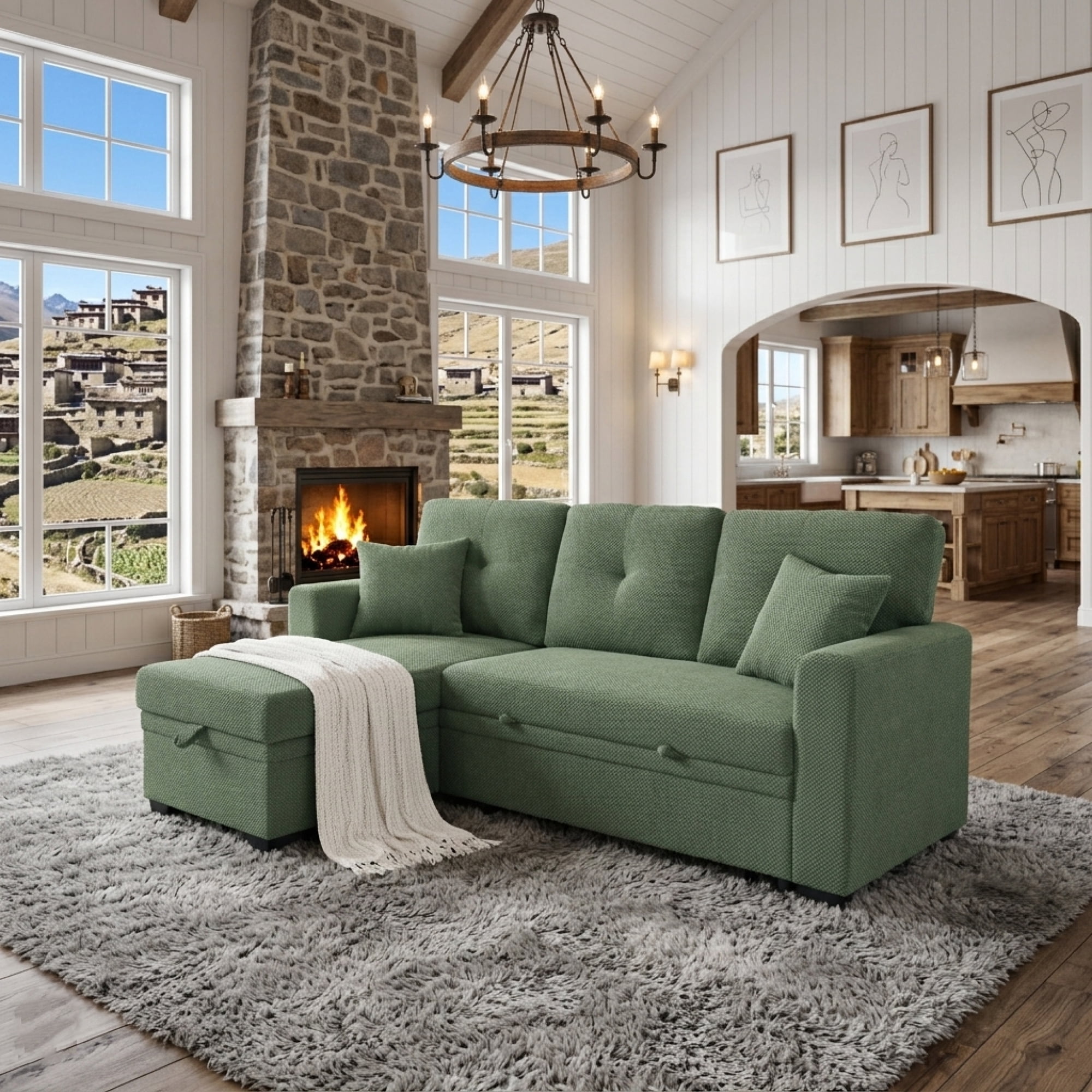 Leumius L Shaped Sectional Sofa with Pull Out Bed and Storage Chaise, 3 Seater Sectional Couch Convertible Sofa Bed for Small Space, Apartment & Guest Room, Dark Green