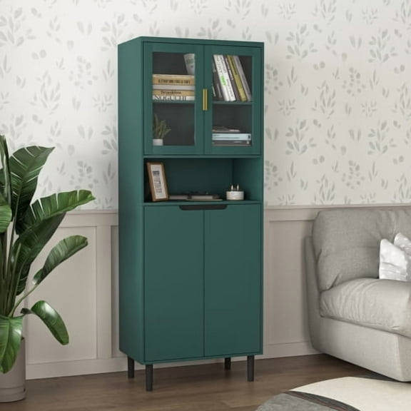Dtwnek 2 Glass Door Display Storage Cabinet with Open Shelf, Tall Kitchen Cabinet with Handles, Pantry Cabinet for Bathroom, Dining Rooom, Living Room, Green