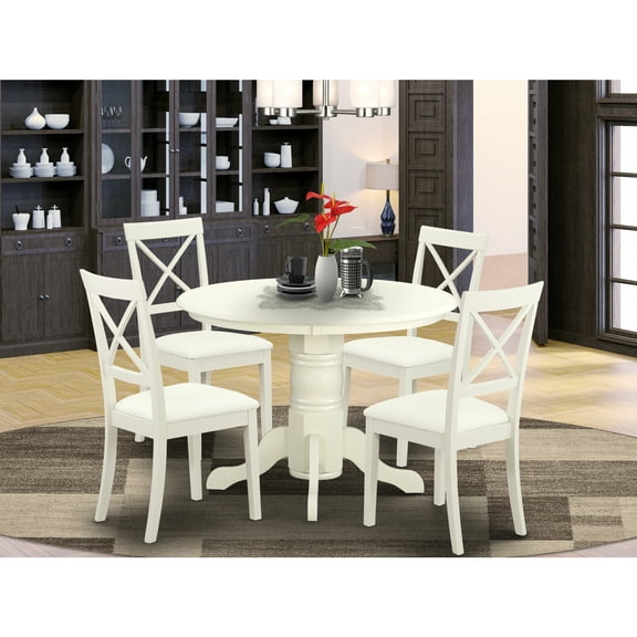 Round Dinette Set - 5 Piece Table & Chairs - Linen White Finish - Kitchen Dining Room Furniture