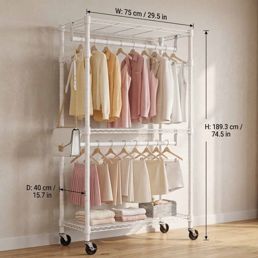 Heavy Duty Rolling Garment Rack, 3-Tier Adjustable Wire Shelving Clothes Rack with 2 Hanging Rods, Side Hooks & Lockable Wheels, White
