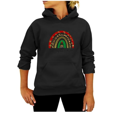 

jsaierl Women s Christmas Sweatshirts Long Sleeve Rainbow Graphic Top Casual Crewneck Sweatshirt Hooded Vintage Pullover Womens Fall Fashion 2022