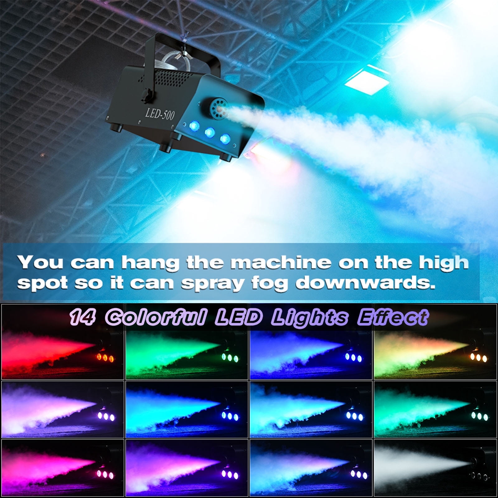 500W Fog Machine with RGB LED Lights, Remote Control, 3000CFM, 15 Lighting Effects for Wedding, DJ, Party, Concert, Halloween