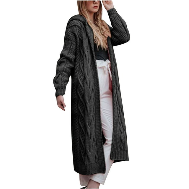 Lovzfmll Cardigan Sweaters for Women, Solid Color Hooded Long Cardigan, Cable Knit Open Front Coat, Fall Winter Clothing