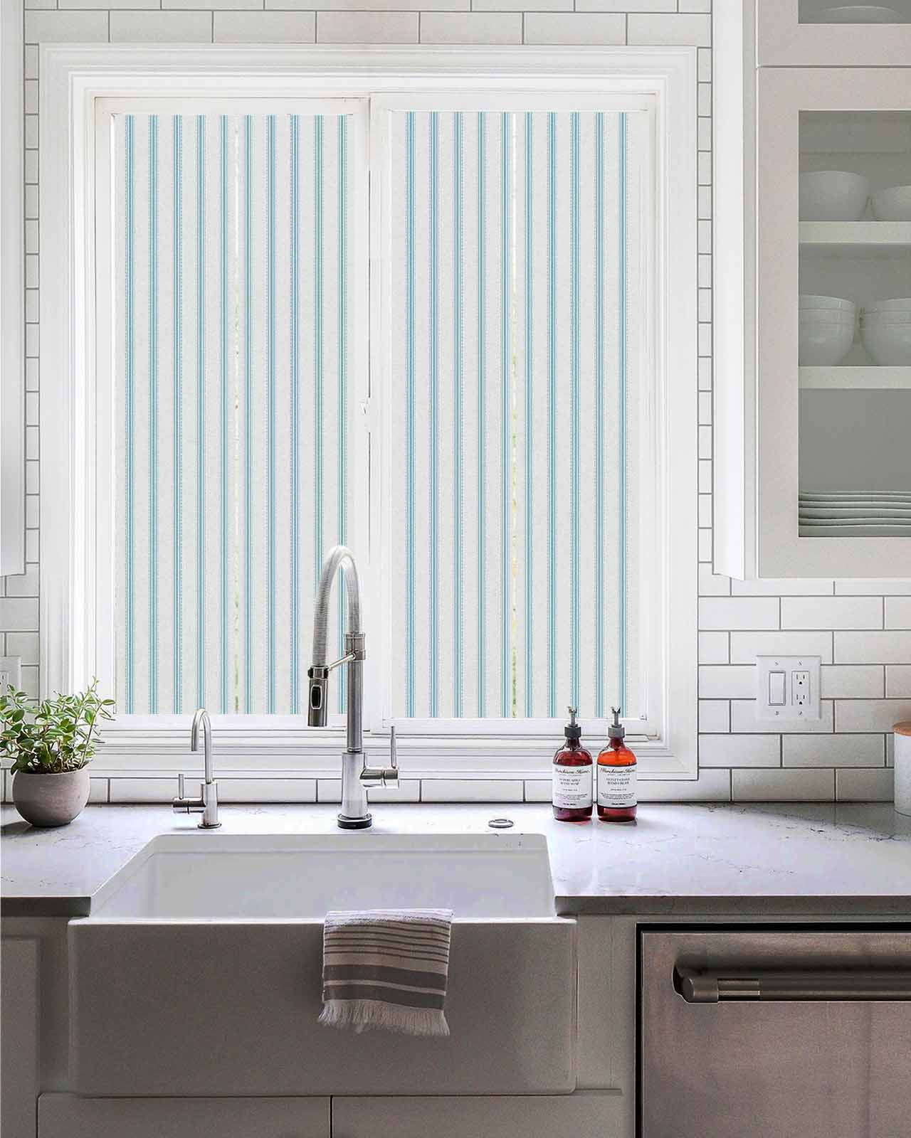 Window Privacy Film,Bluish Green Stripes UV Sun Blocking Window Tint Film Heat Control One Way Blackout Window Film,Geometric Vertical Linens Modern Minimalism Non Adhesive Static Cling 19.6x39.3 In