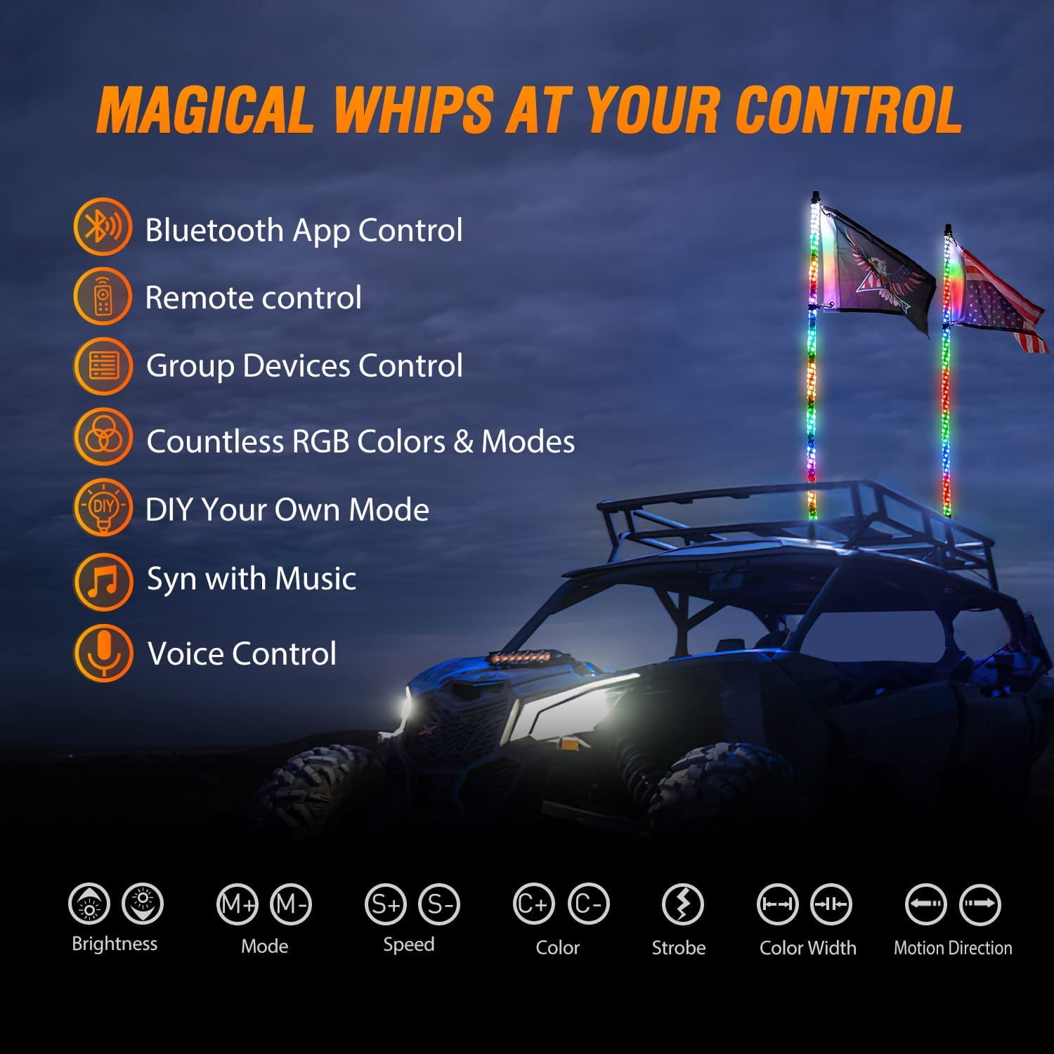 Nilight 2Pcs 5FT RGB Led Whip Light, Remote & App Control w/DIY Chasing Patterns Stop Turn Reverse Light Safety Antenna Lighted Whips for ATV UTV Polaris RZR Can-am Dune Buggy Jeep
