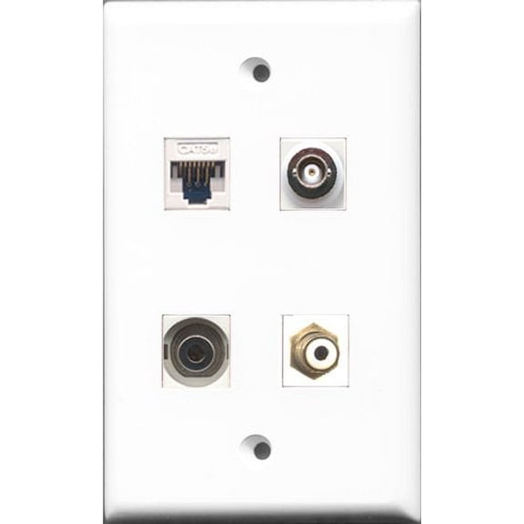 RiteAV - 1 Port RCA White and 1 Port 3.5mm and 1 Port BNC and 1 Port Cat5e Ethernet White Wall Plate