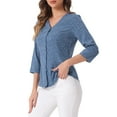 thumbnail image 4 of Blusa de mujer Inspire Chic con cuello en V, mangas 3/4, estampado de lunares y corazones, parte delantera con botones, azul denim L, 4 of 6