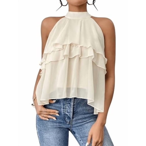YUGYXL Women's Layered Ruffle Hem Sleeveless Halter Chiffon Blouse Flowy Tank Tops Beige S