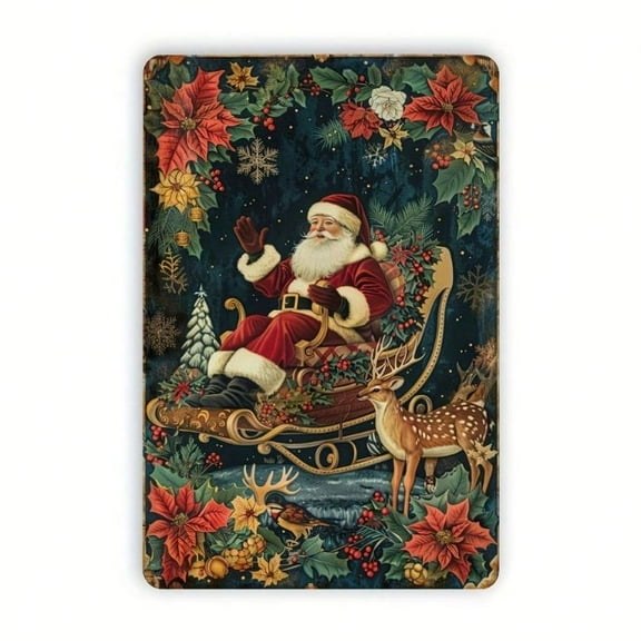 HELLOYOUNG Vintage Christmas Tin Sign - Santa Claus Sleigh & Reindeer with Festive Floral Decor, Durable Metal Wall Art for Home, Bar, Cafe, Outdoor -Cafe Art Piece|Vintage Christmas Design