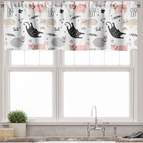Ambesonne Pets Valance Pack of 2, Cool Cat Meow Animals Doodle, 54"X18", Beige Pale Pink
