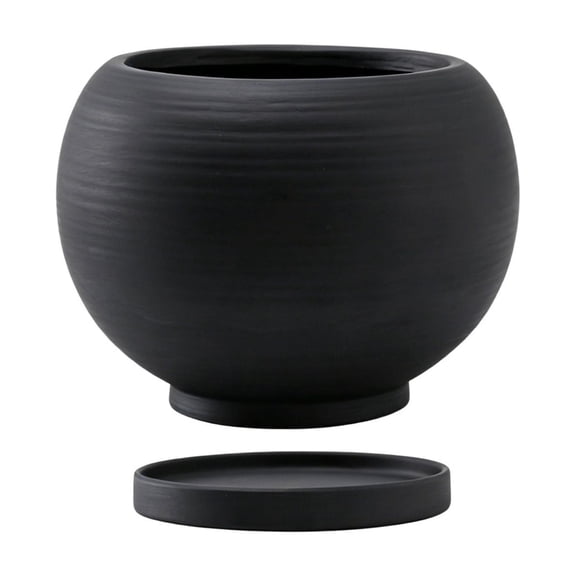 Ceramic Spherical Vase with Tray, Scandinavian Matte Desk Flower Pot for Living Room Dining Table, Handcrafted Textured Indoor Plant Container for Daisies Carnations
