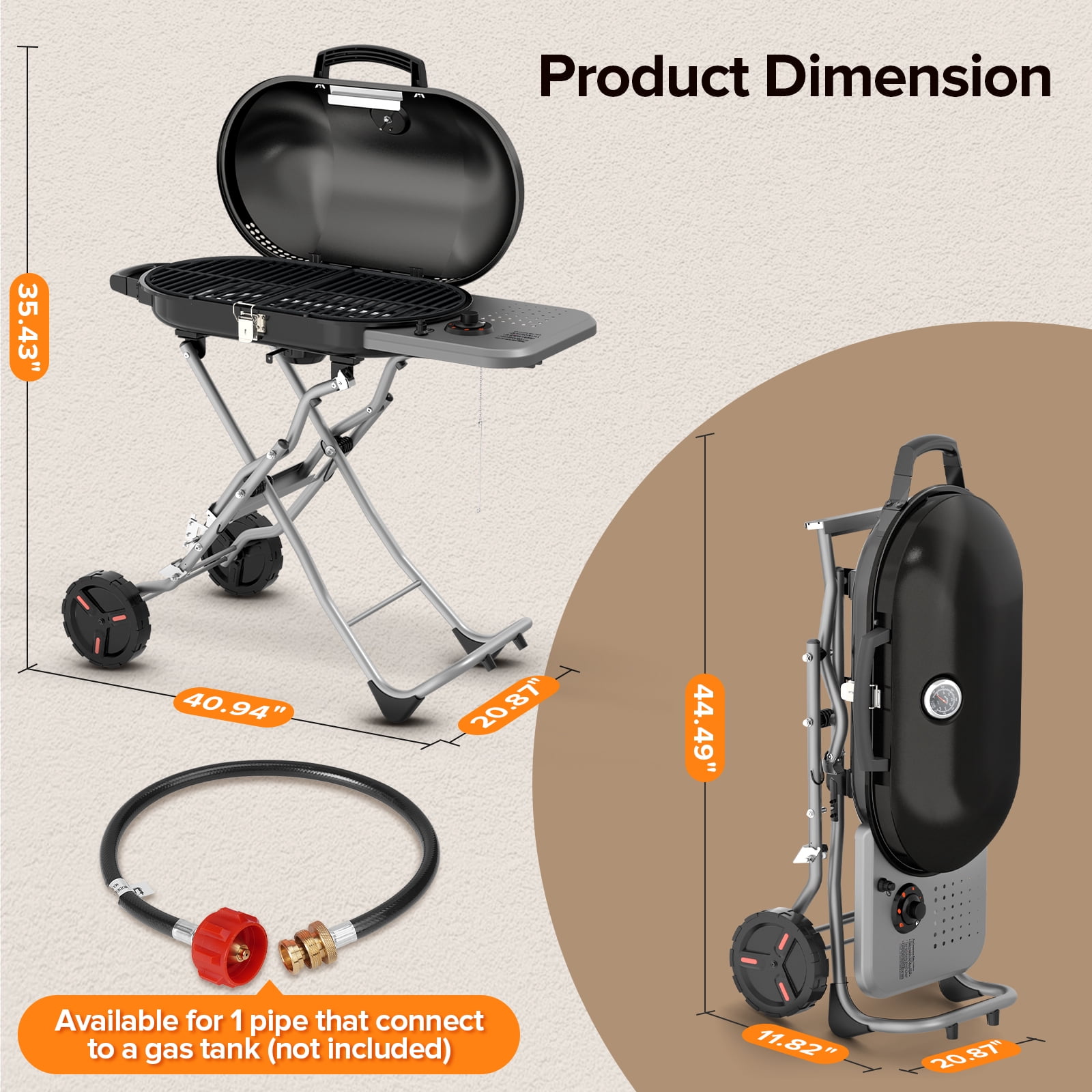 LHRIVER Portable 348 sq.in Stand-Up Propane Grill, 15000 BTU Folding Gas Grill Cart with Side Table & 2 Wheels for Camping, Patio