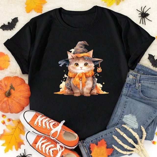 Divertido Y Lindo Estampado De Halloween Nuevo Negro Señoras top Moda Manga Corta Blanco Camiseta Rosa Primavera Y Verano Ropa Regalos
