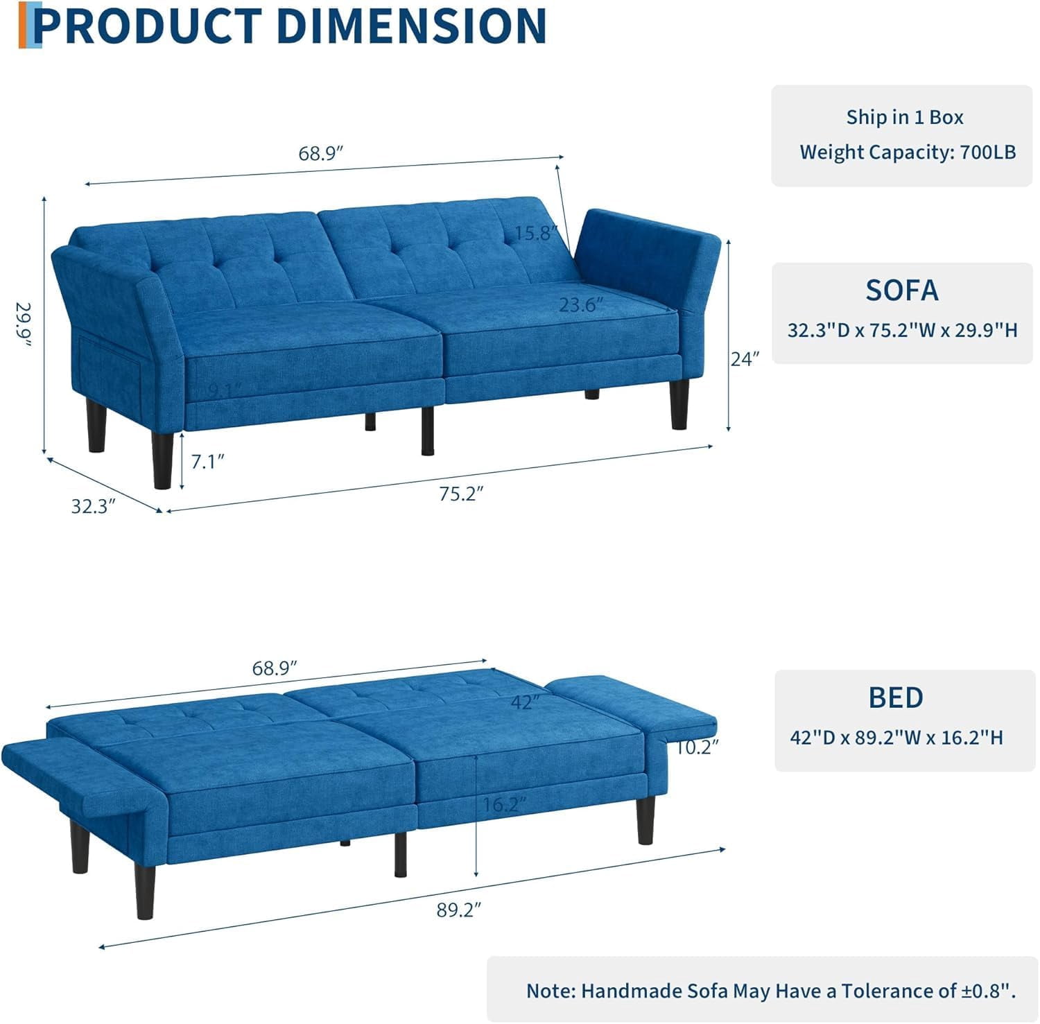 Luku 89" Convertible Futon Sofa Bed, Deep Seat Sleeper Couch with Adjustable Backrest & Armrests