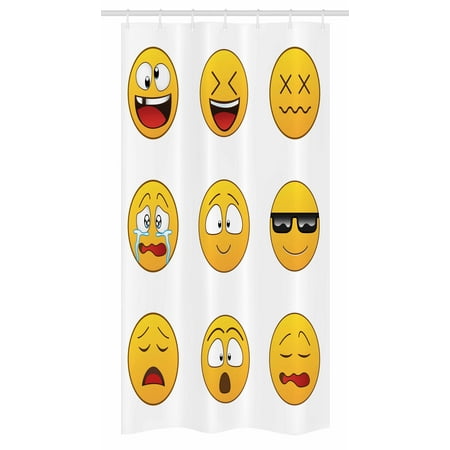 Emoji Stall Shower Curtain, Happy Smiley Angry Furious Sad Face Expressions with Glasses Moods Cartoon Like Print, Fabric Bathroom Set with Hooks, 36W X 72L Inches Long, Yellow, by Ambesonne
