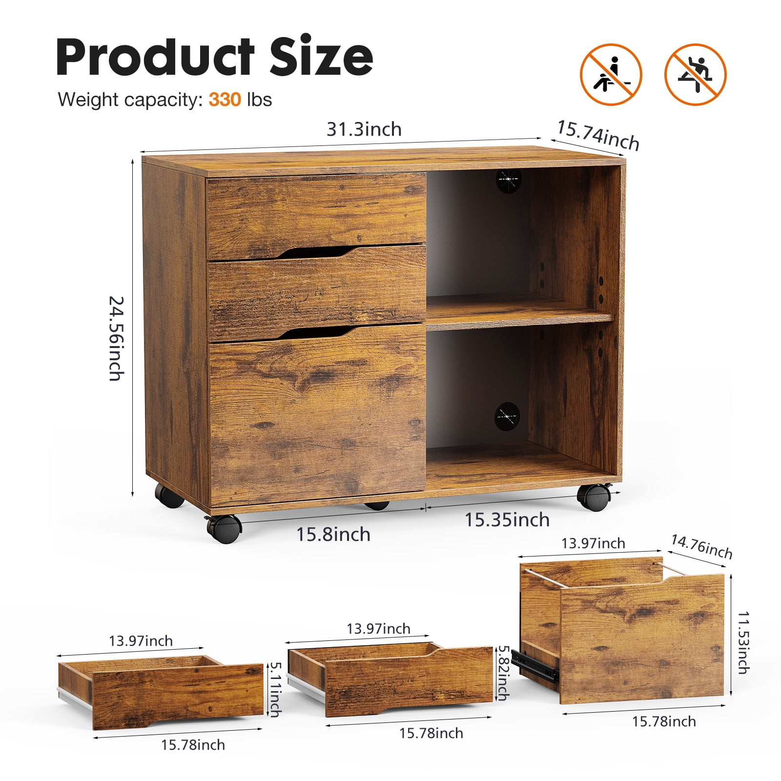 Bigleap 3-Drawer File Cabinet, Mobile Printer Stand with Open Shelves & Locking Wheels, Wood Rolling Storage Cabinet for Home Office Desk Organization,Brown