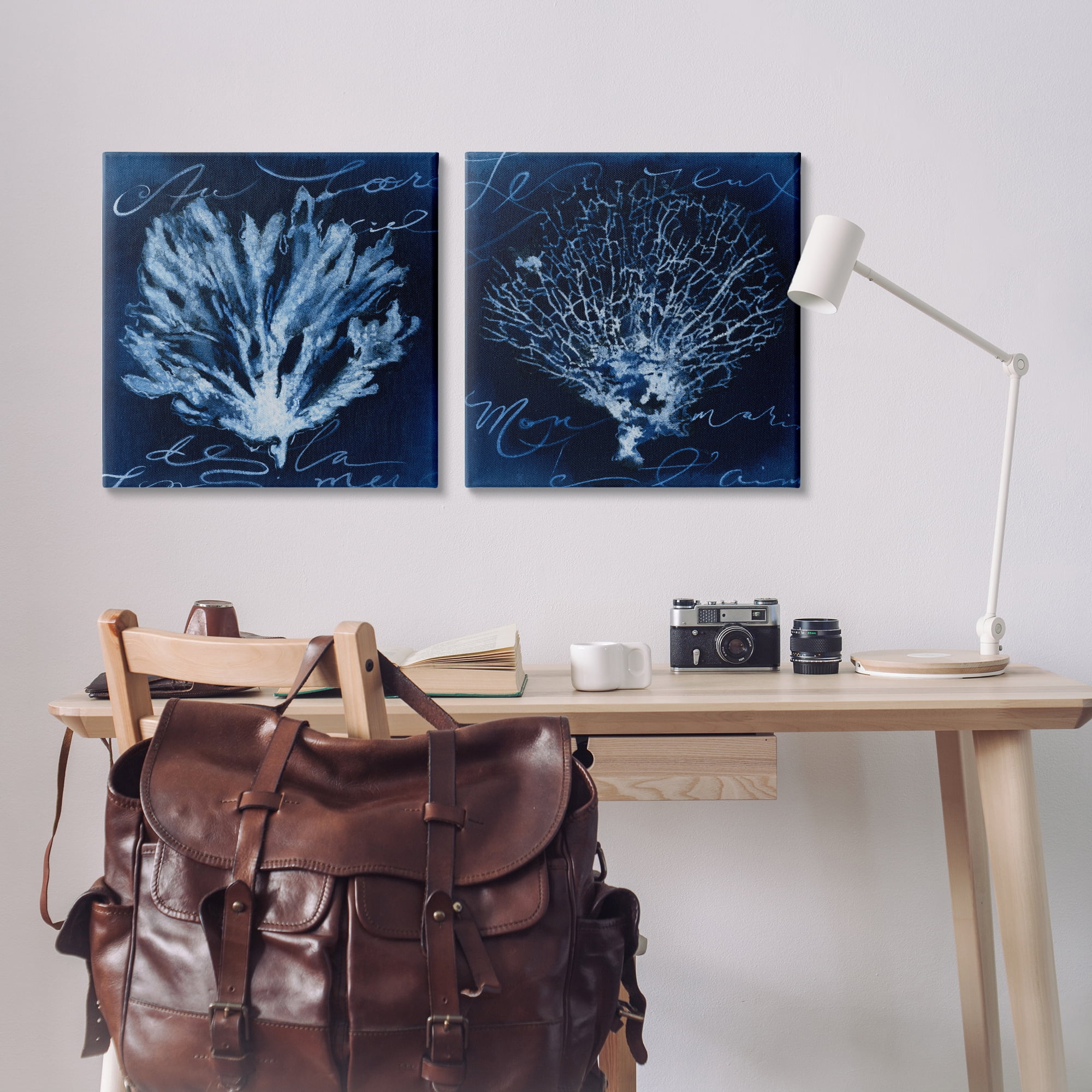 Stupell Industries Dark Blue Coral Pieces Nautical & Beach Painting Wrapped Canvas Art Print Wall Art, 24 x 24, Set of 2