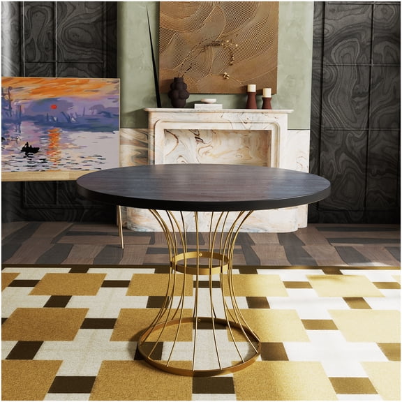 Round Pedestal Dining Table 42 Inches, Black and Golden Iron Base with Wood Veneer Top