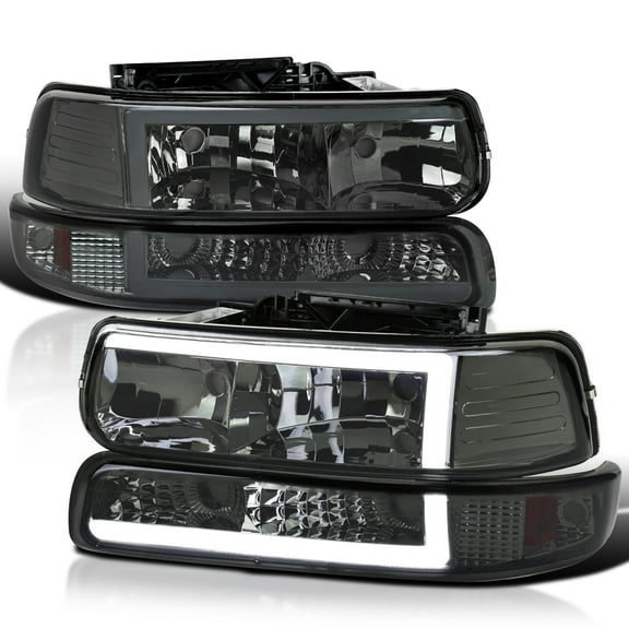 Spec-D Tuning Smoke LED Bar Headlights Bumper Lights Compatible with 1999-2002 Chevy Silverado 2000-2006 Tahoe Suburban, Left Right Pair Headlamps Assembly