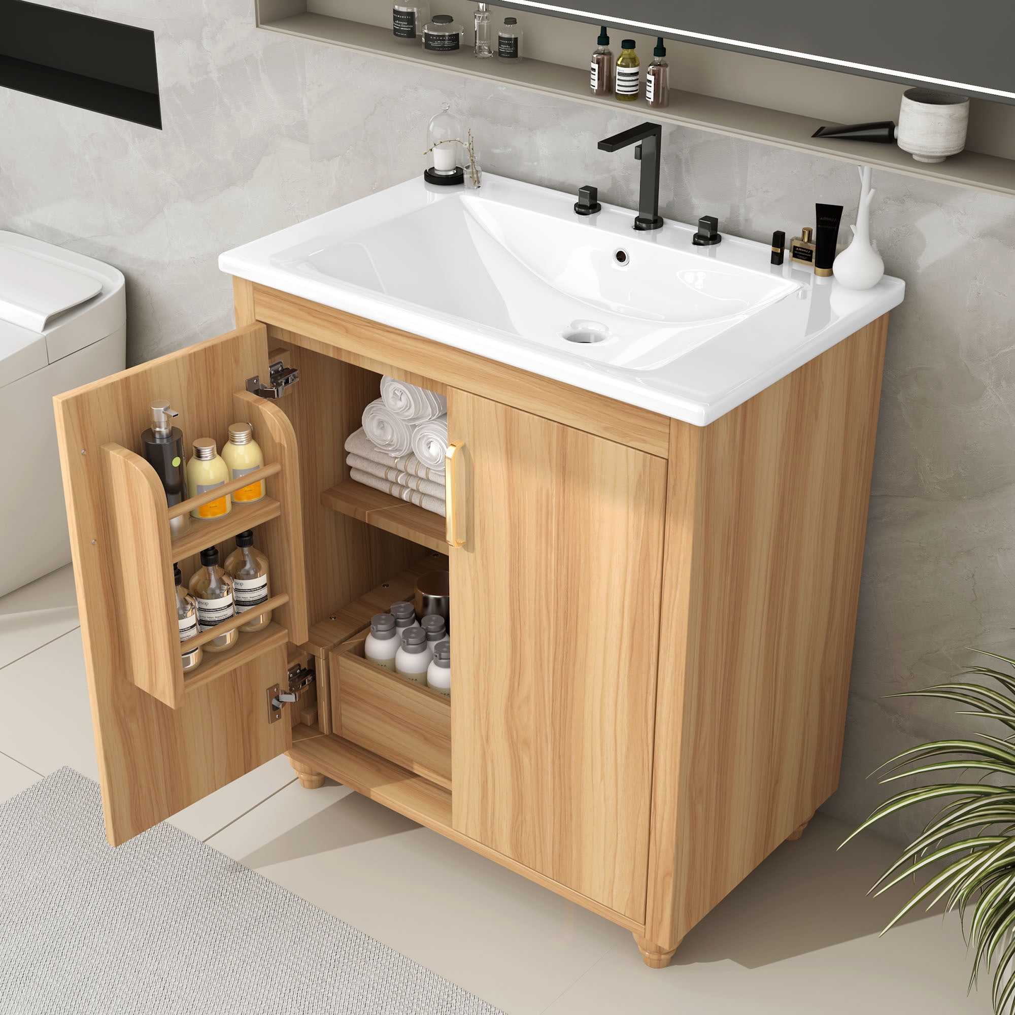 YIYADO 30 Inch Bathroom Vanity with Sink Combination, Modern Bathroom Storage Cabinet Set Without Faucet, Brown