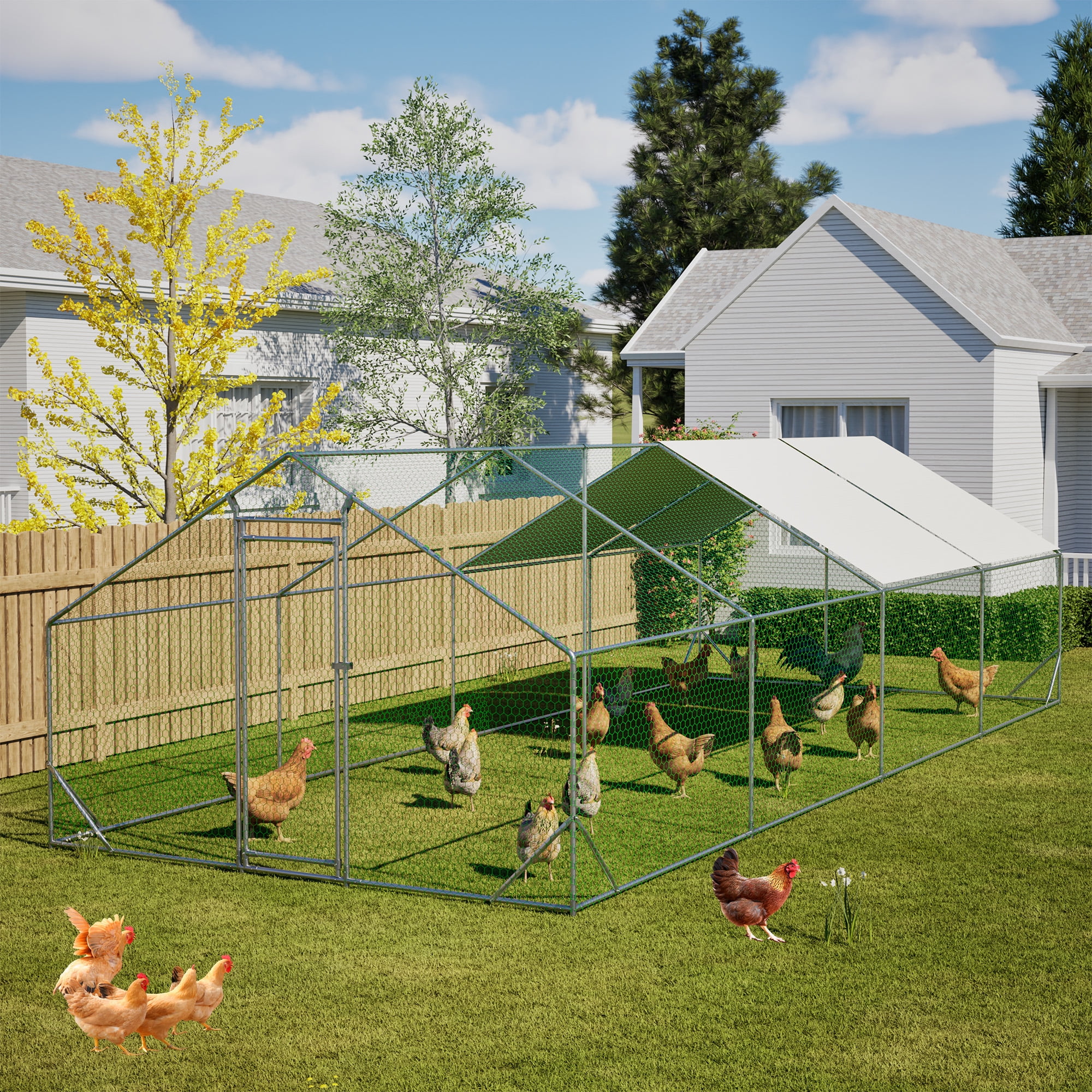 MAYEERTY 10'x26'x6.56' Metal Chicken Coop, Walk-in Poultry Pen w/UV-Proof Cover Lockable Door for Backyard
