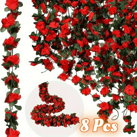 8 Pcs x 7.5 ft Artificial Rose Vine Garland with Green Leaves, Spring Red Flower Garland for Wedding Arch Decor, Christmas Party, Birthday and Home Wall Decoration