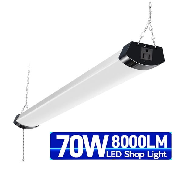 Hlite 4FT LED Shop Light, 8000LM 70W Linkable Garage Light with Pull Chain, 5000K Daylight, ETL Listed, Black