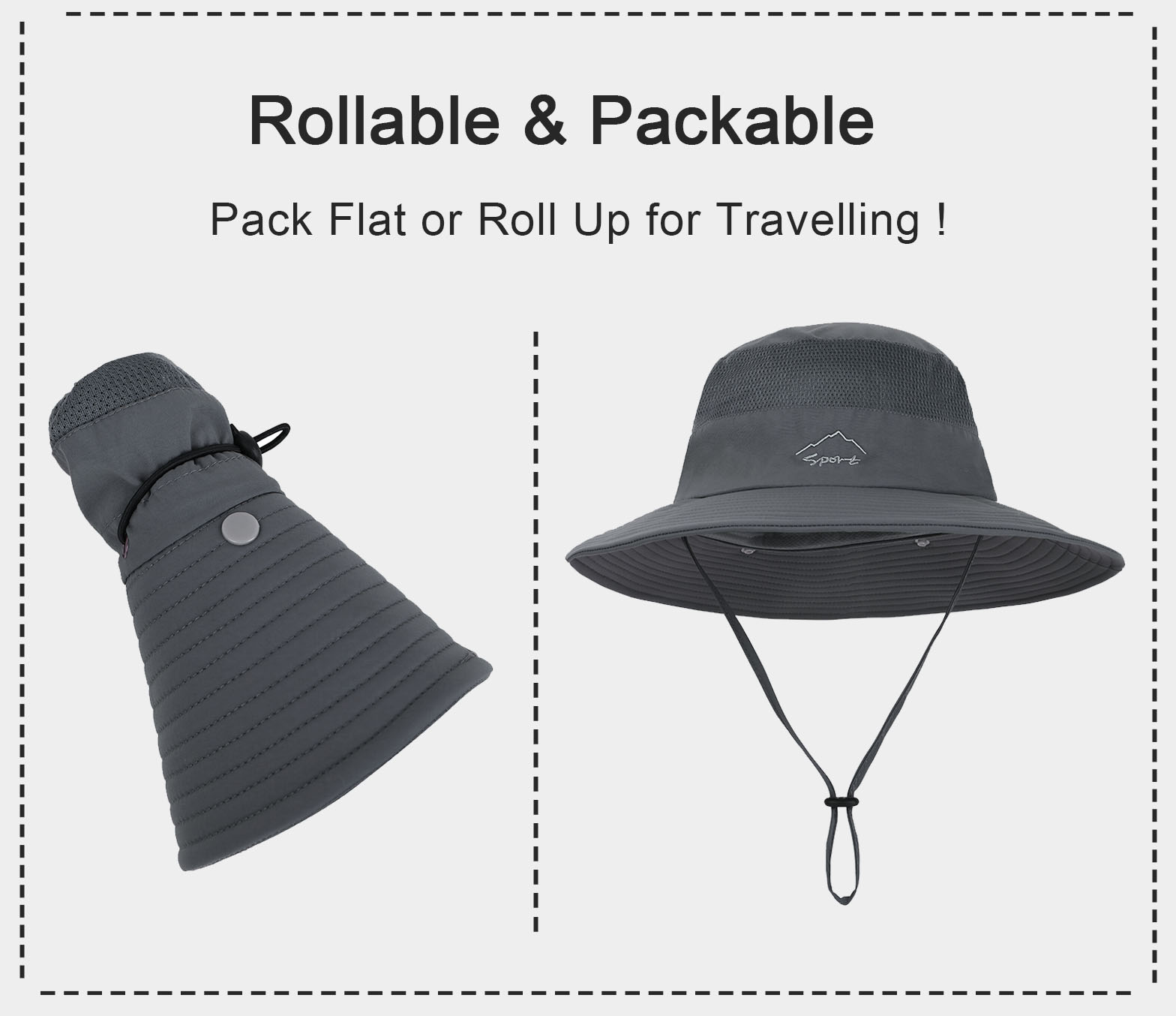Women Men Sun Hat Fishing Hat UPF 50+ Foldable Wide Brim Safari Hat Hiking Hat, Dark Grey - image 3 of 6