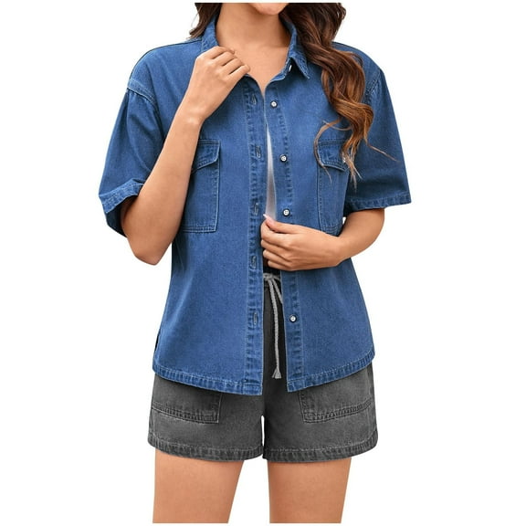 Womens Summer Short Sleeve Button Down Shirts Denim Lapel V Neck Collared Casual Blouse Tops with Pockets
