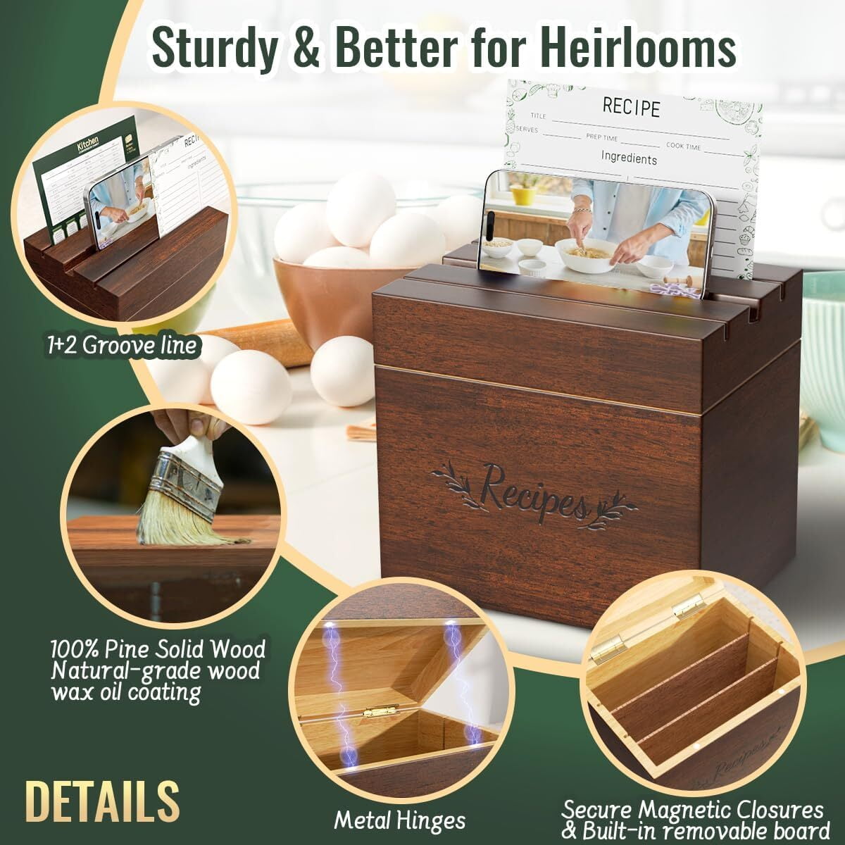 Recipe Box Set with 100 Recipe Cards 4x6 with Protectors,24 Dividers Tabs, Recipe Card Holder, Wood Box Organizer Set to Write in Your Recipes