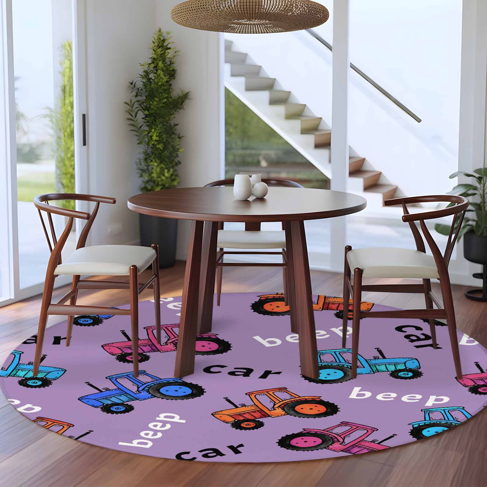 Cartoon Tractor Round Area Rug 8Ft Washable Large Circle Rugs for Living Room Dorm, Cute Beep Car Digger Shovel Truck Light Purple Non-Slip Carpet Floor Mats Indoor Outdoor Carpet Runner Home Decor