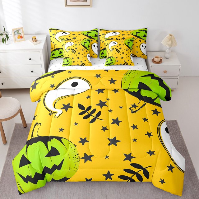 YST Pumpkin Decor 7-Piece Halloween Comforter Set, Cartoon Ghost Theme, King Size (7 Count)