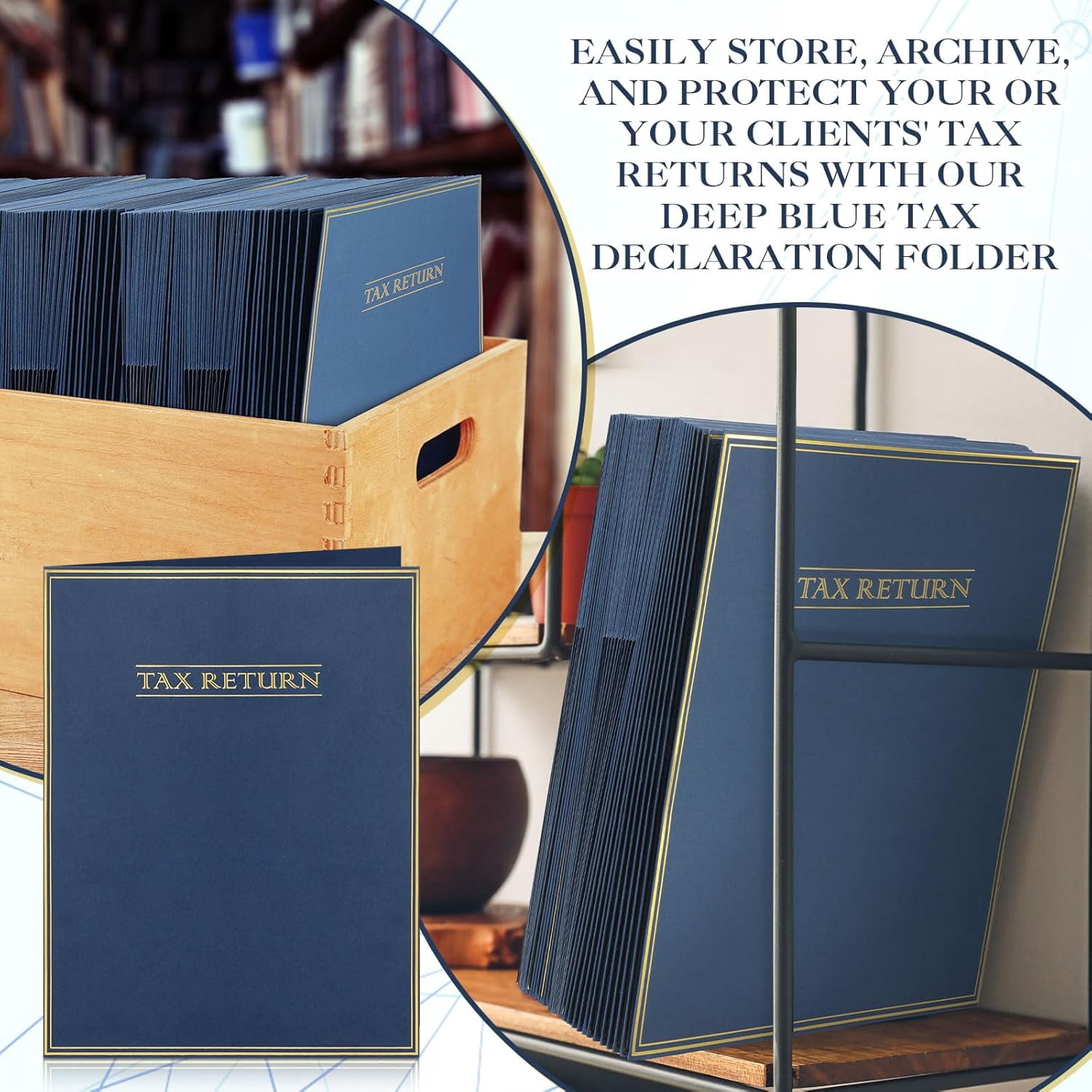75 Pcs Two Pocket Folders Tax Return Folders Letter Size Dark Blue with Gold Label for Storing Personal Customer Tax Returns