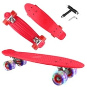 22" Complete Mini Cruiser Skateboard for Beginners Youths Teens Girls Boys with LED Wheels, with All-in-One T-Tool (Red)