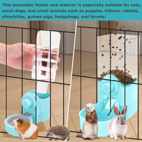 Automatic Hanging Gravity Pet Feeder and Water Dispenser Set ，Automatic Rabbit Feeder and Dog Water Dispenser for Dogs Cats Pets Animals Large Capacity (Blue Water Feeder&Food Feeder) (Blue)