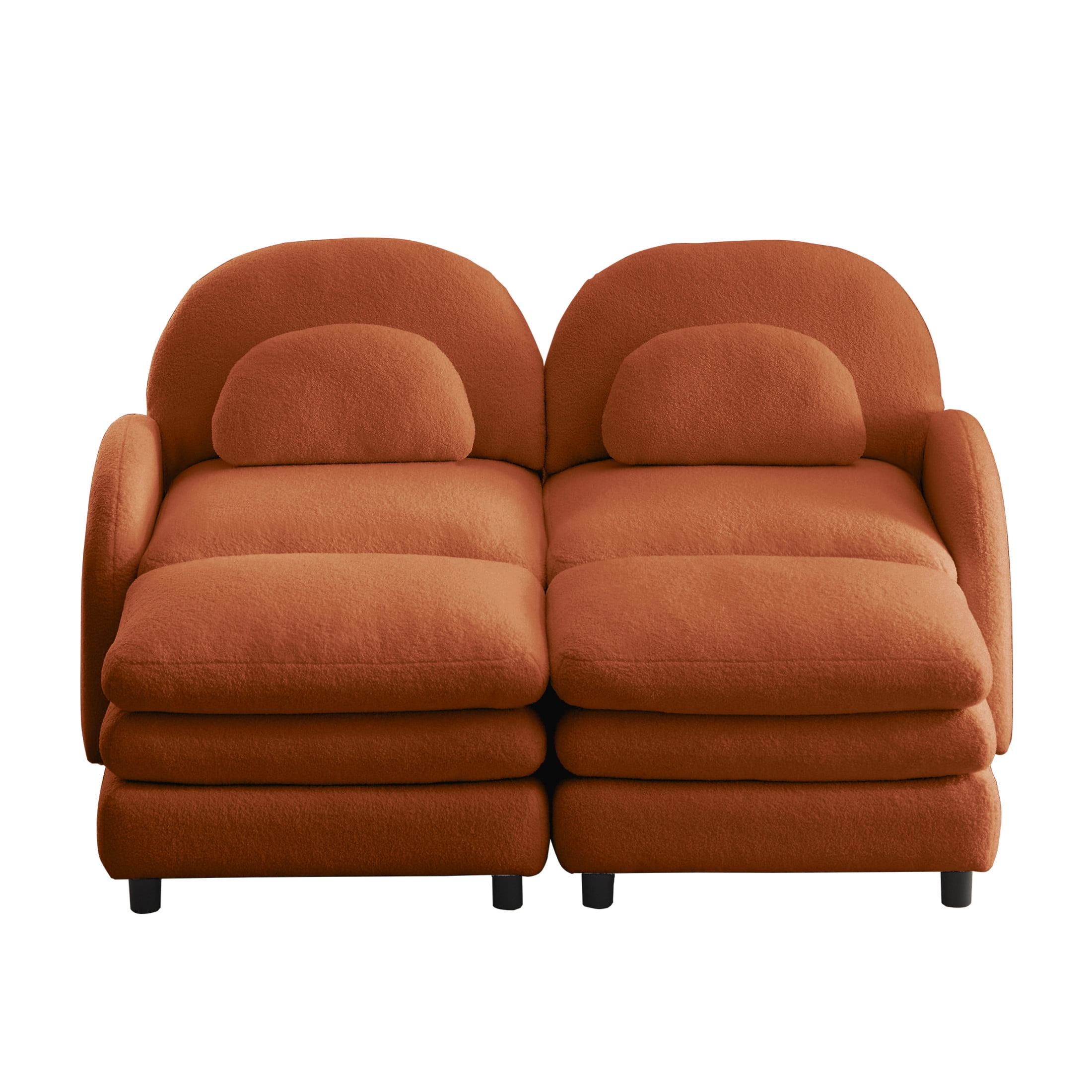 Noble House Windsor Teddy Fabric 2-Seater Sectional Sofa, Modular Cloud Couch with 2 Ottomans and Lumbar Pillows, Orange