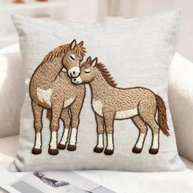 Funda de cojín bordada navideña con animales, funda de cojín de punto con caballos acogedores para sofá o sillón, funda de cojín rústica de caballos de granja, funda de cojín para mesilla de noche, s