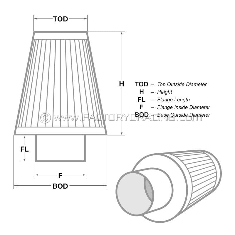 89 mm Top Height; 5.25 in AEM 21-2047DK Universal DryFlow Clamp-On Air Filter: Round Tapered; 3.5 in Base; 4.75 in 121 mm 178 mm 133 mm Flange ID; 7 in