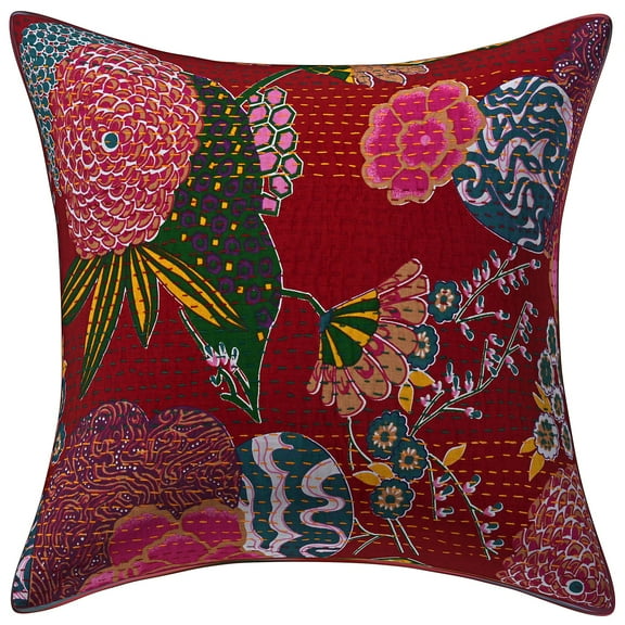 Stylo Culture Indian Settee Sofa Throw Pillow Cover 16 x 16 Kantha Maroon Printed 40cm x 40cm Living Room Decor Cotton Tropicana Square Cushion Cover | 1 Pc