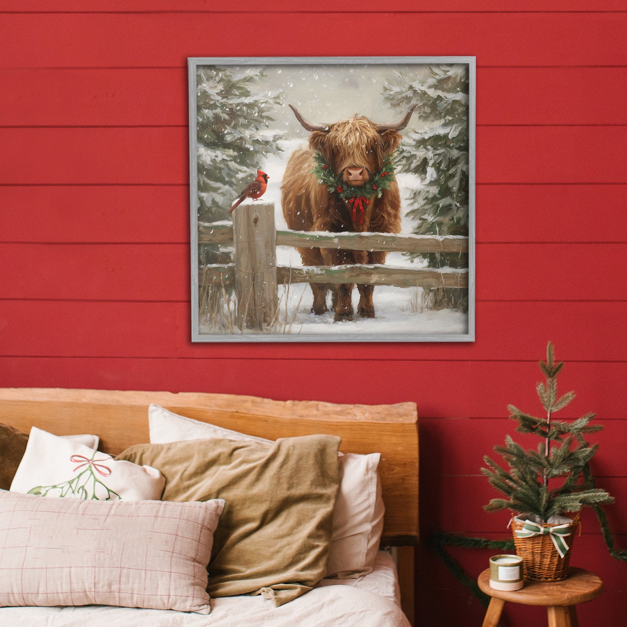Stupell Industries Christmas Cow & Cardinal Gray Framed Giclee Art, design by Tina LeCour