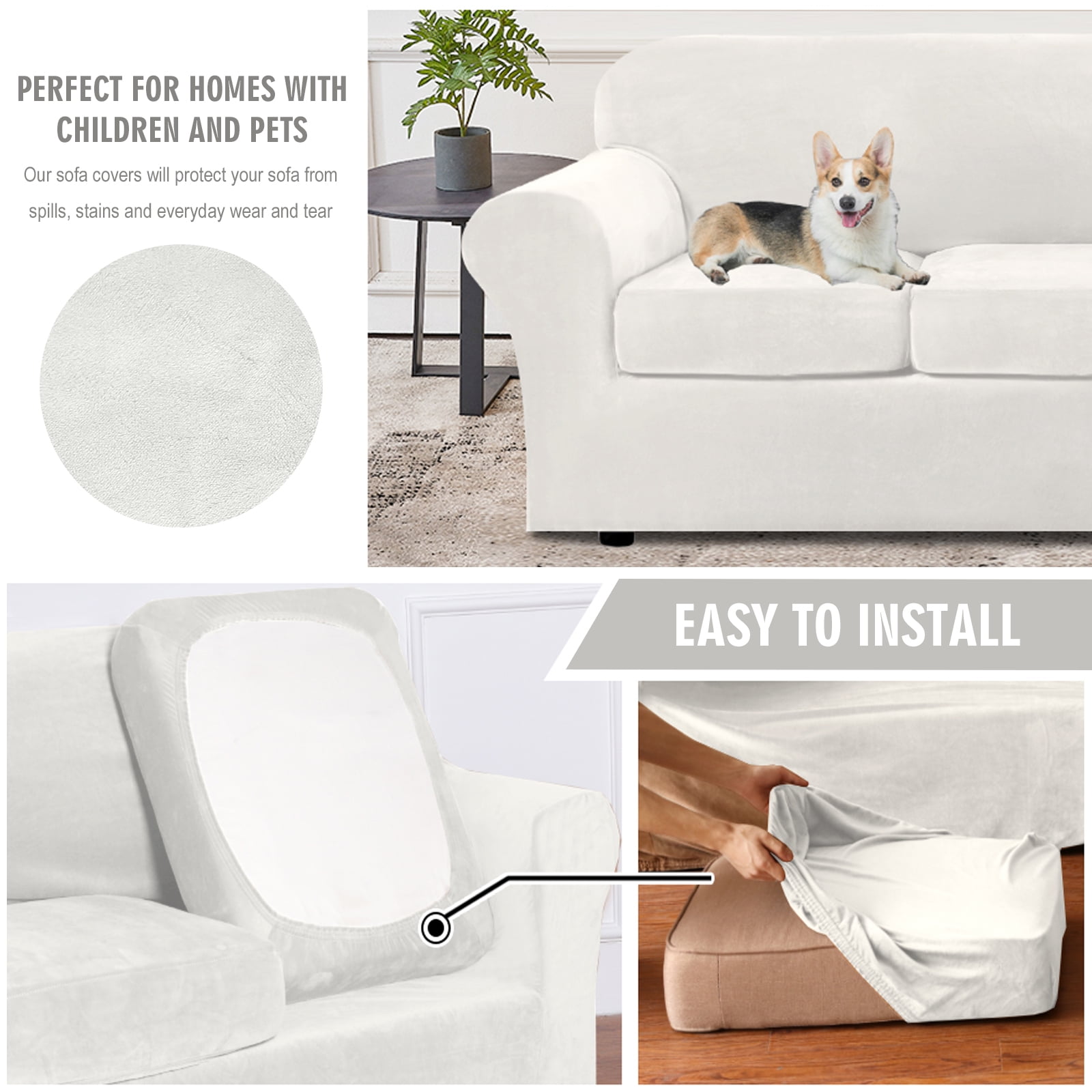 CJC Velvet Plush Sofa Covers Stretch Couch Covers with Separate Cushion Cover (White, Armchair)