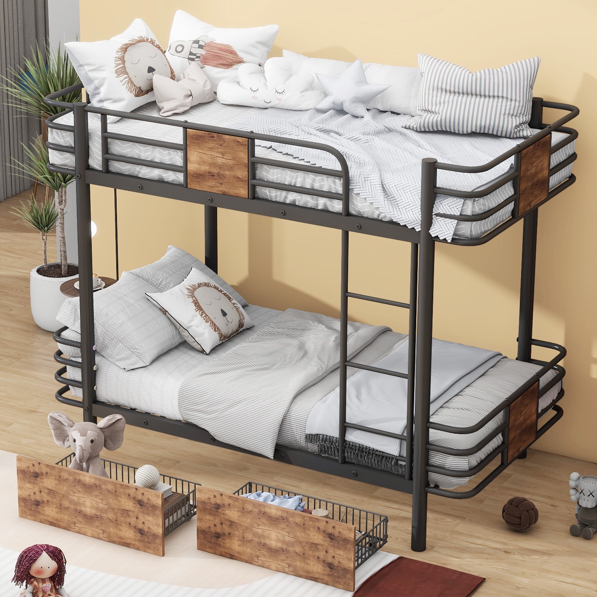 Euroco Metal Twin XL over Twin XL Bunk Bed with 2 Drawers for Kids Teens, Black