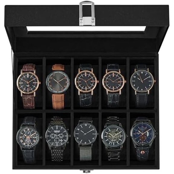 Watch Box, 10-Slot Watch Case Organizer with Large Glass Lid, Removable Pillows, Gift for Loved Ones, Black Synthetic Leather, Black Lining UJWB010B02