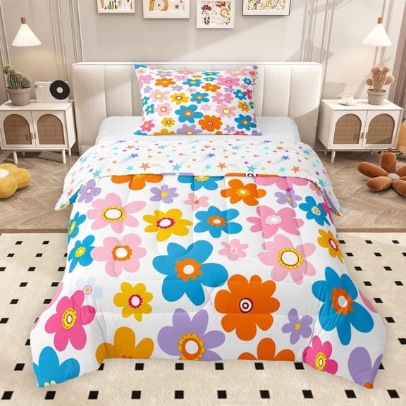 Erosebridal Groovy Flower Twin Comforter Sets for Girls, Rainbow Floral Bedding Set, Colorful Stars Reversible 2pcs, 1 Comforter and 1 Pillowcase