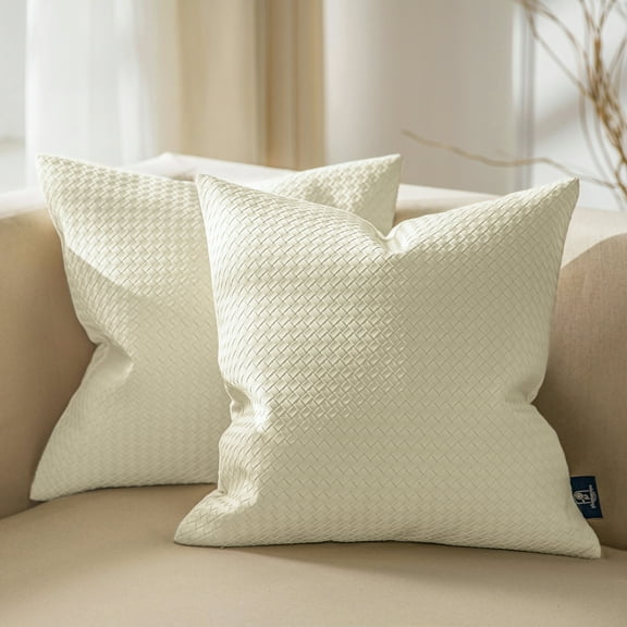 Phantoscope Modern Faux Leather Woven Square Cusion Solid Accent Decorative Throw Pillow for Couch, 18" x 18", White, 2 Pack