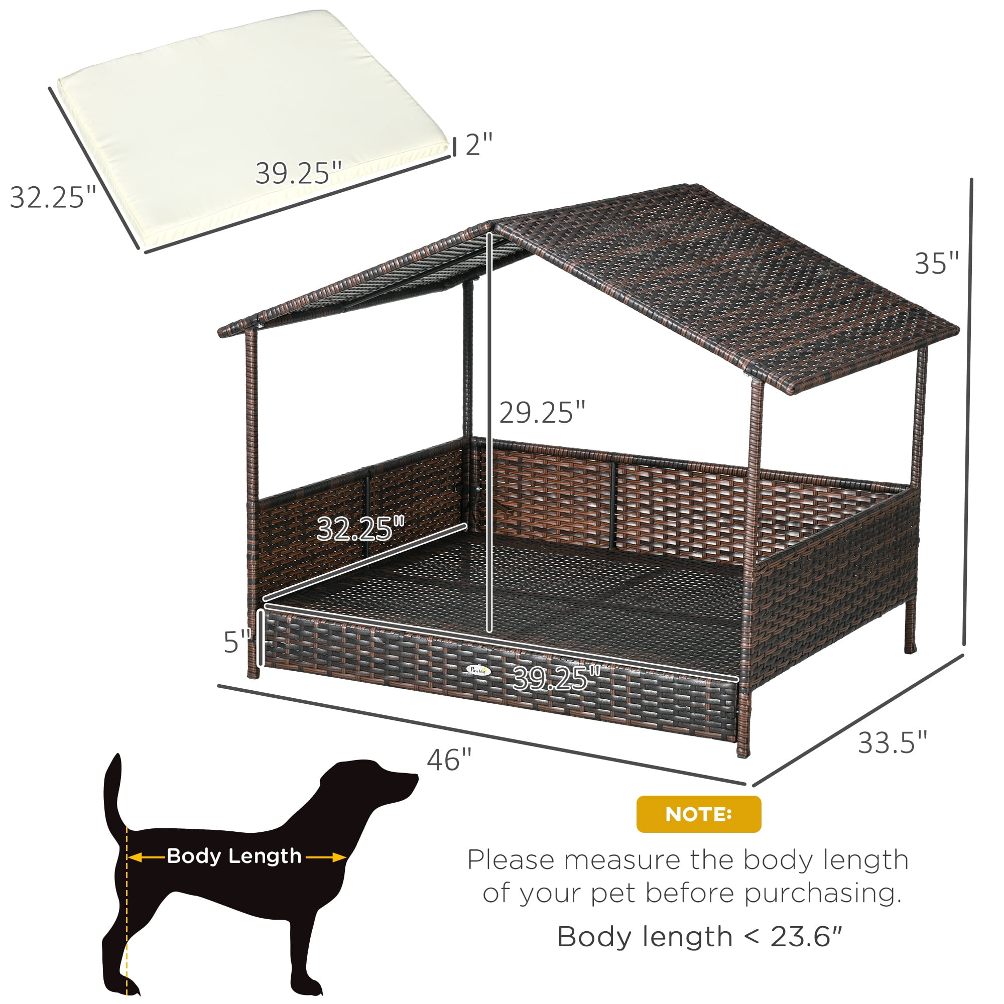 PawHut Outdoor Wicker Dog House Dog Bed W/ Canopy Cushion, Cream White