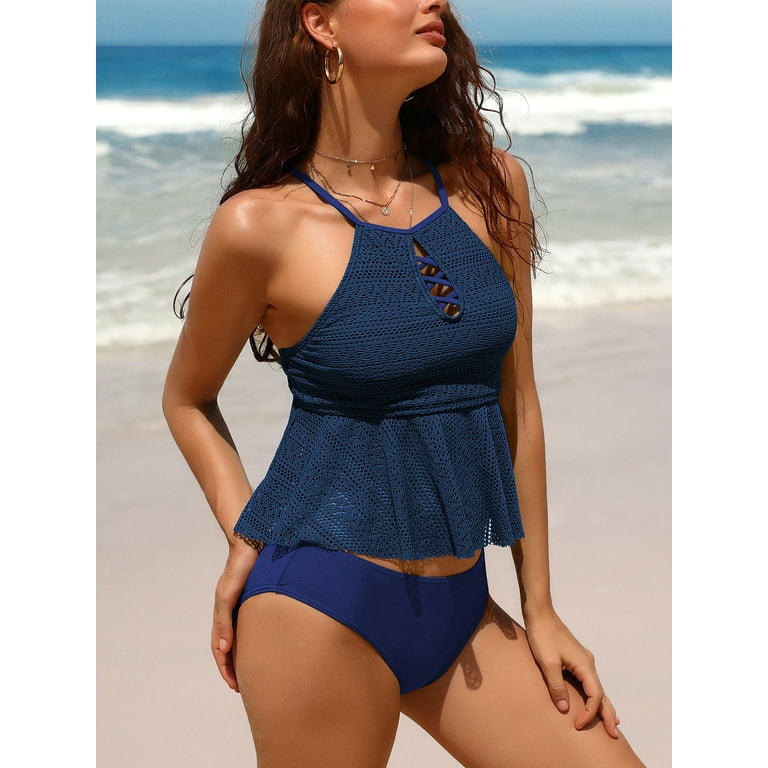 Alove Women Halter Two Piece Swimwear Mesh Tankinis Bikini Set Swimsuits