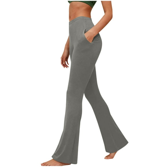 AHTJRT High Waisted Flare Leggings for Women Workout Running Yoga Pants with Pockets Stretchy Soft Bell Bottom Palazzo Pants Gray L