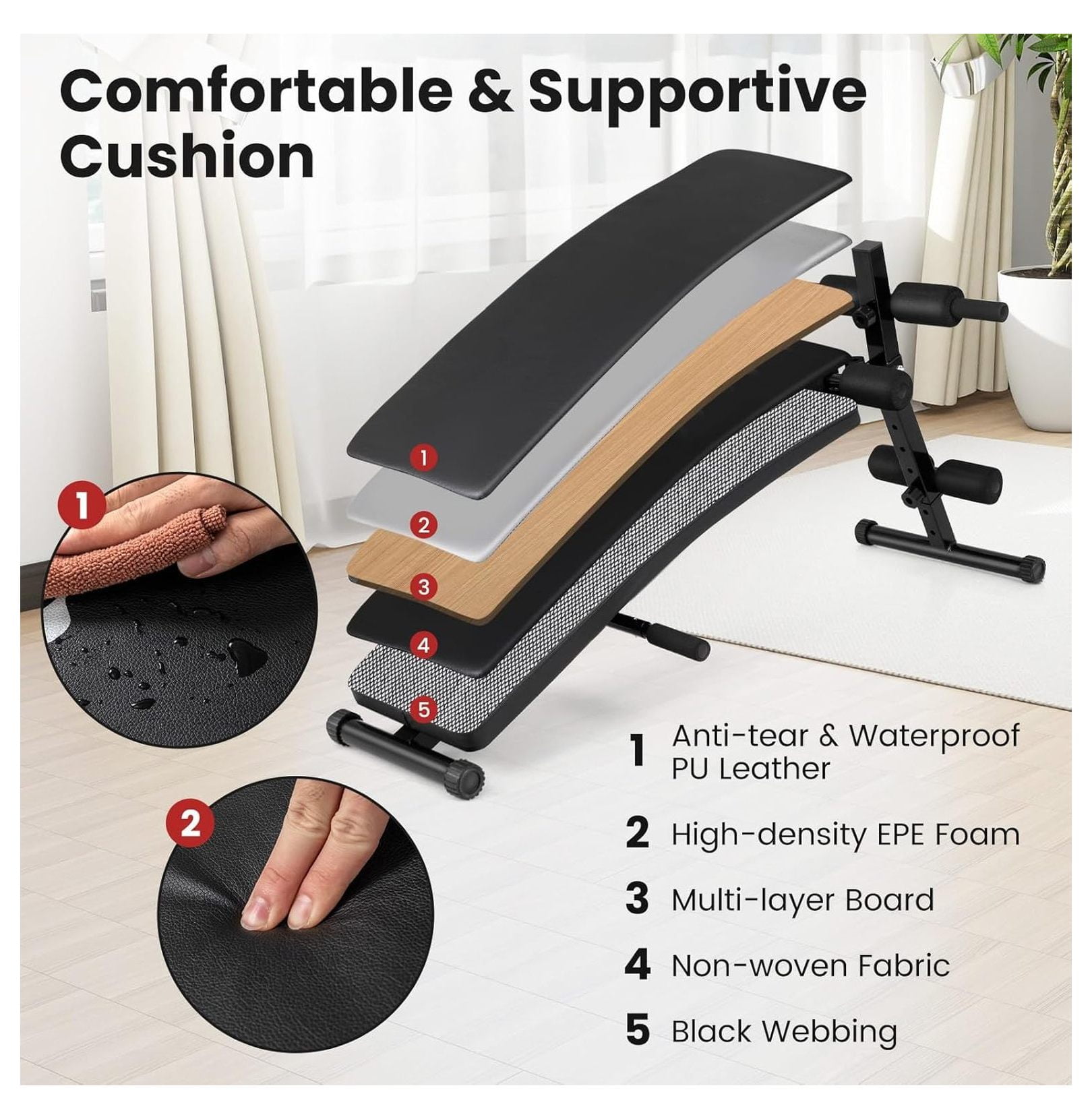Sit Up Bench, Decline Sit up Bench with 5-level Adjustable Height, 300lbs Capacity & Anti-slip Foot Pads, Foldable Ab Bench for Full Body Workout, Incline Slant Bench for Home Gym