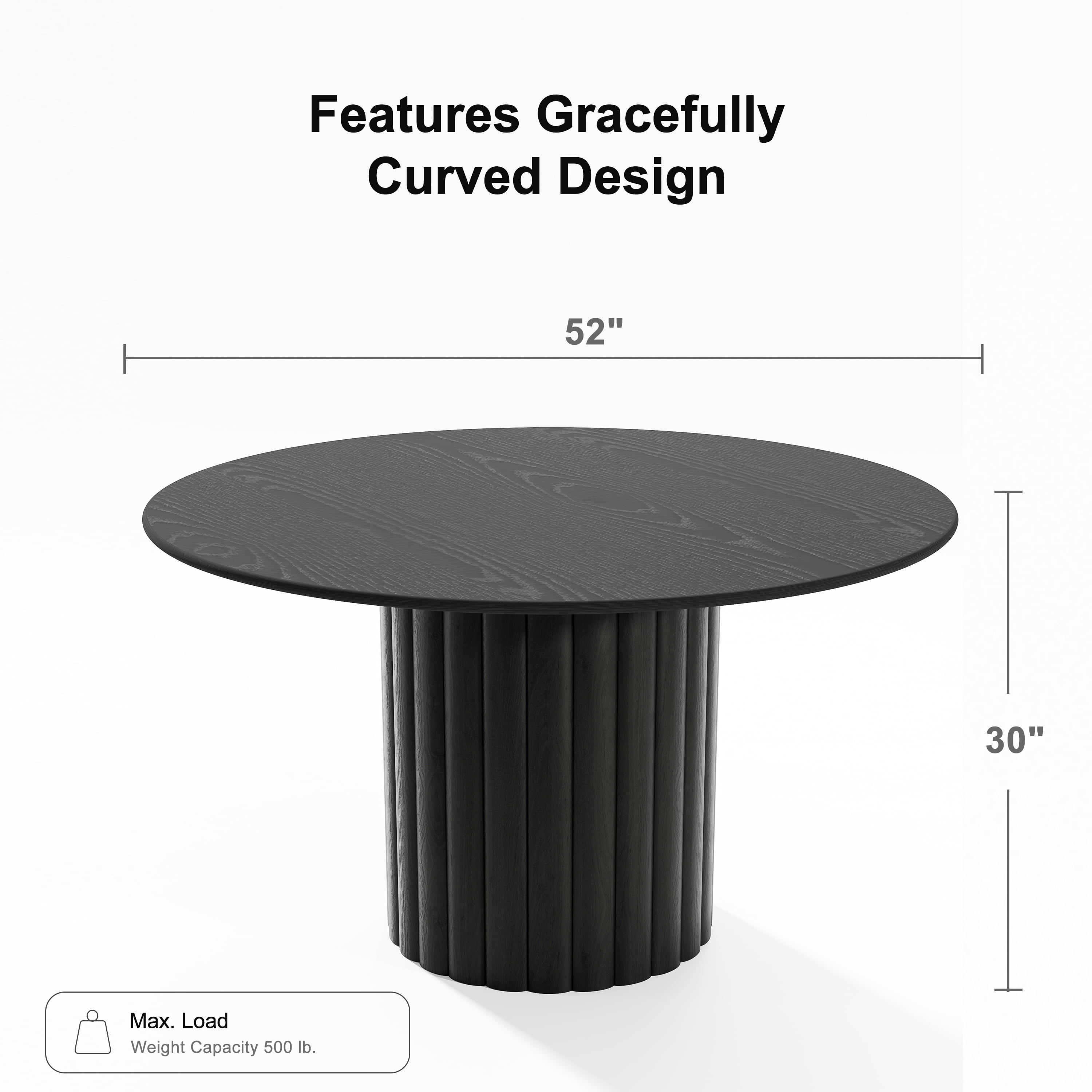 52 in. Soild Wood Black Dining Table Round Kitchen Table